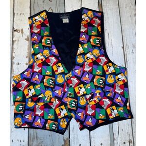 Vintage Looney Tunes Character Print 100% Silk Vest Size L/XL Adjustable Cinch